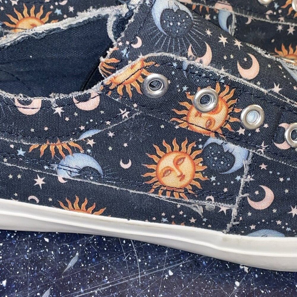 Corkys Women’s Babalu Blue Distressed Effect Blue Stars Suns Moons Slip On Sz 9M - Picture 2 of 9